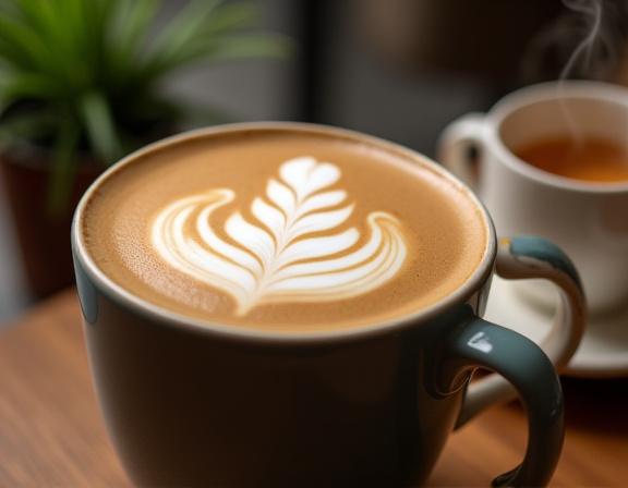 Nærbilde av en kunstferdig laget latte og en kopp dampende te.